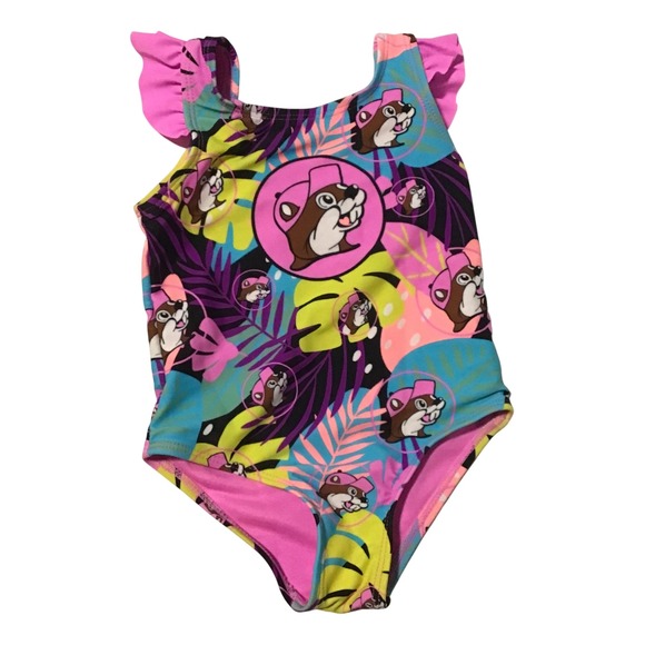 BUC-EE'S Other - Buc-ee's Girls 2T One Piece Swimsuit Tropical Beaver Print Pink Ruffle Bow Back